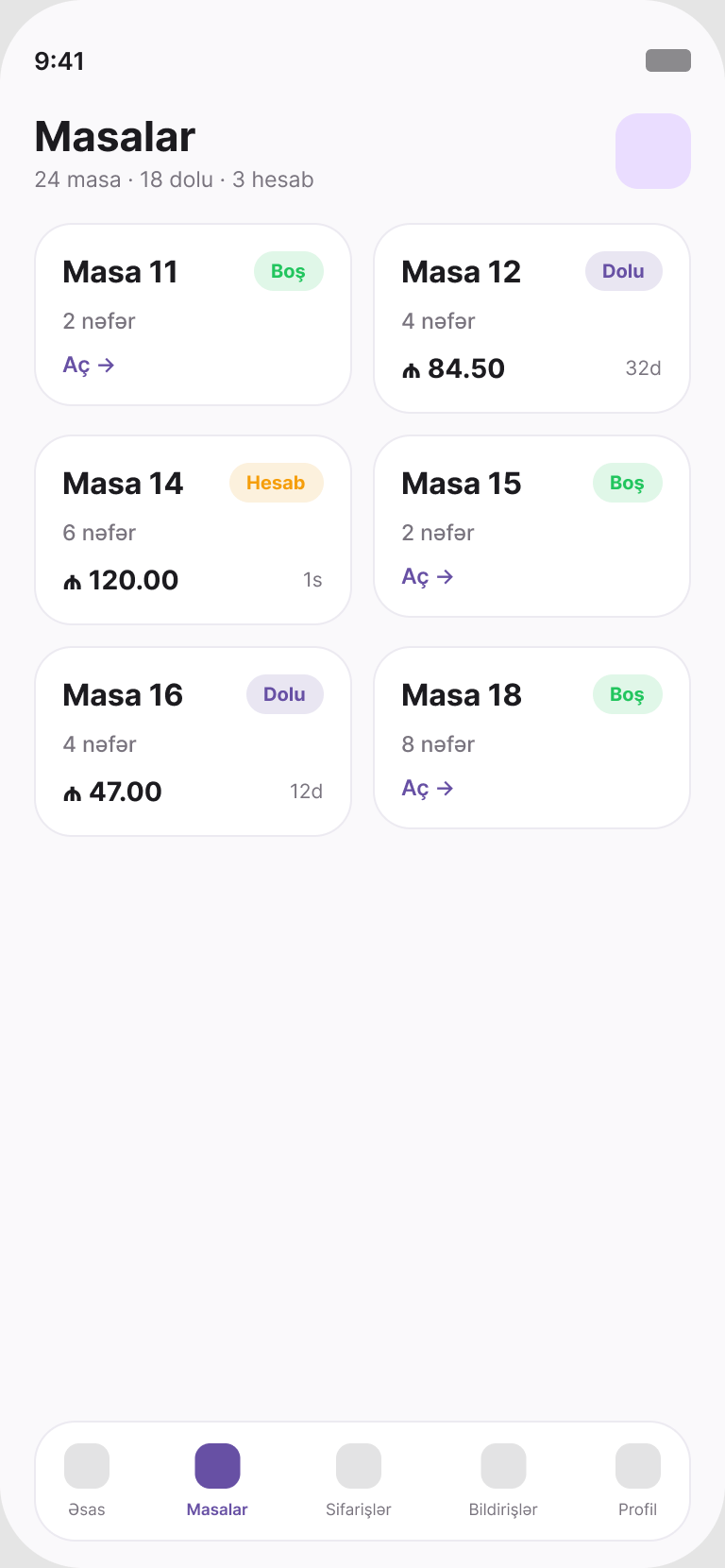 Waiter app — floor plan and tables